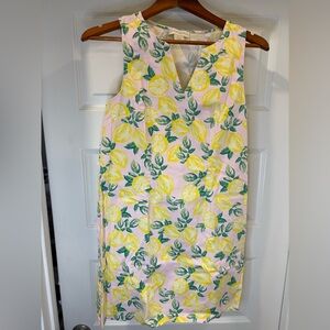 Cynthia Rowley Pink Yellow Lemon Print Shift Dress sz 8 beach summer casual